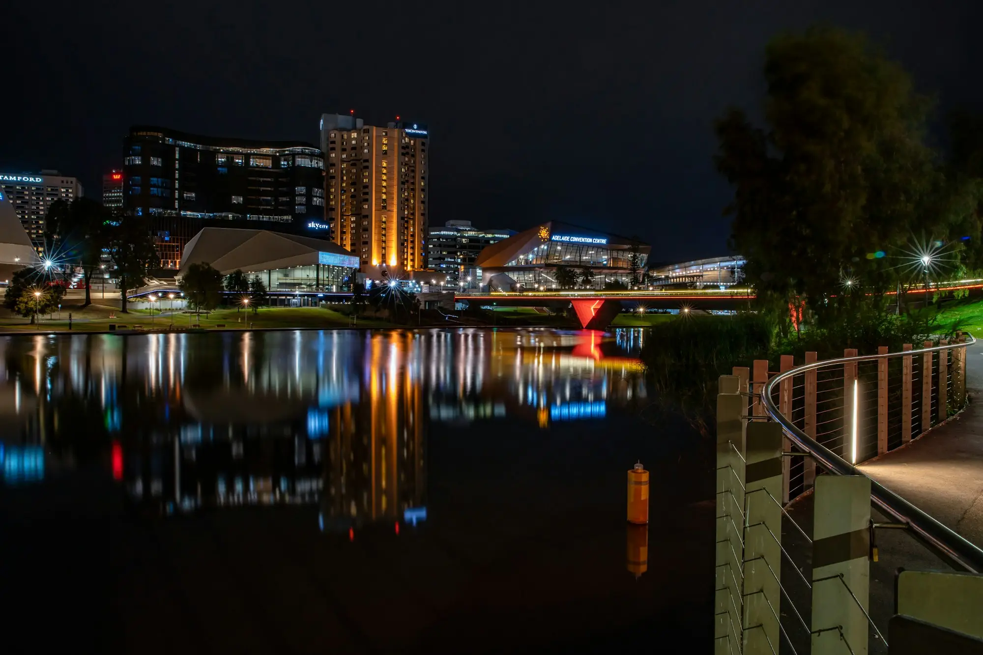 Adelaide city lights reflected in the River Torrens at night
