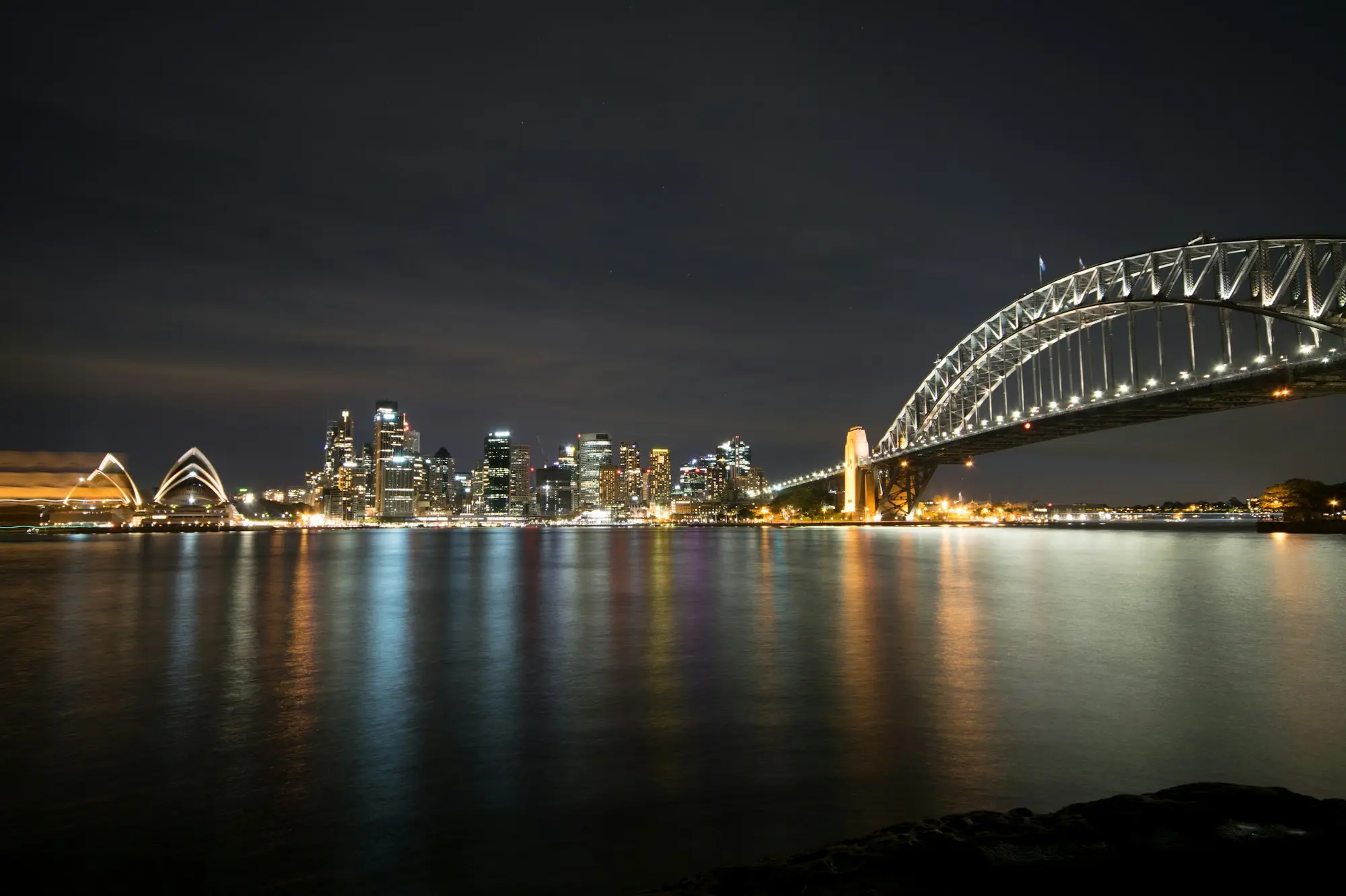 Sydney Harbour Bridge and city lights at night